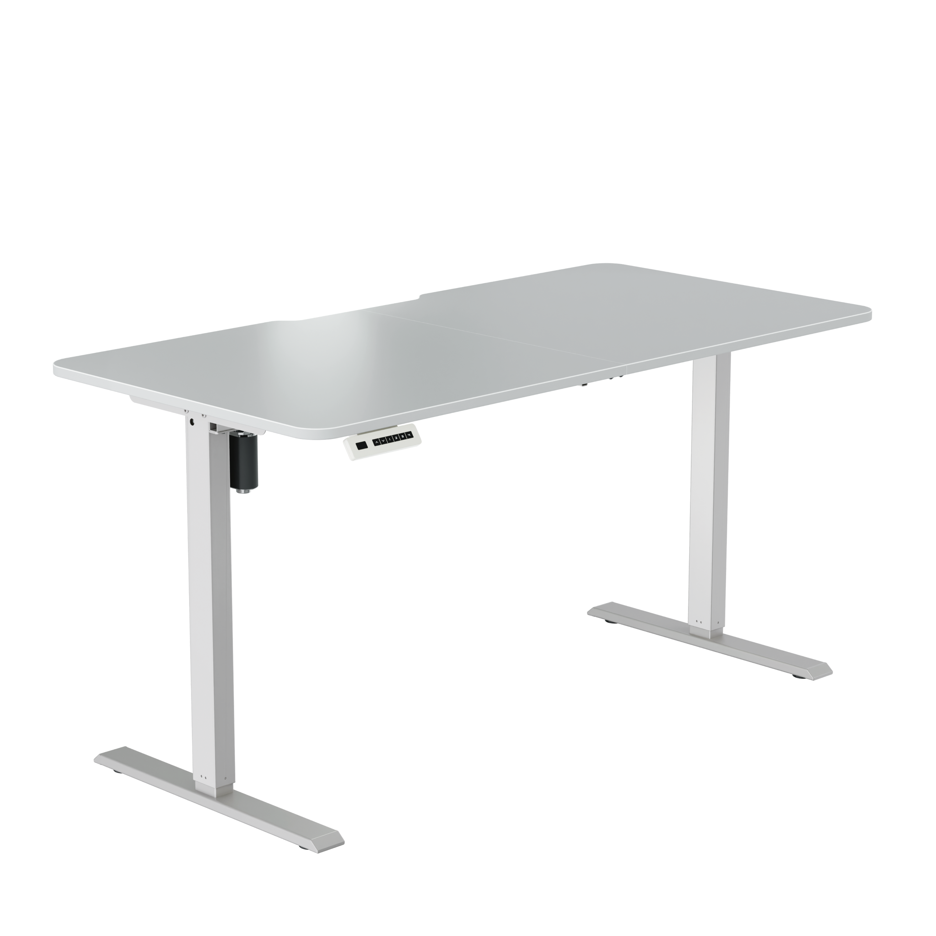 Ein weißer und grauer höhenverstellbarer Schreibtisch mit einem schwarzen Bedienfeld. Der Schreibtisch steht vor schwarzem Hintergrund.