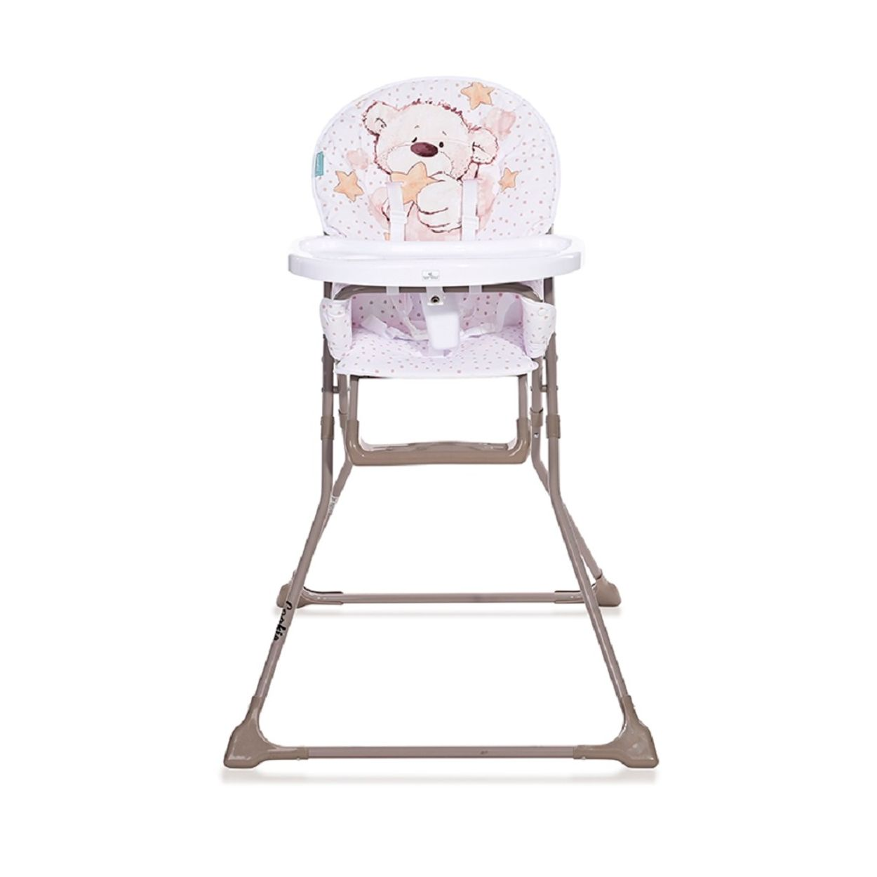 Una silla alta para bebé con un oso en el asiento, estrellas rosas y una mesa con bandeja.