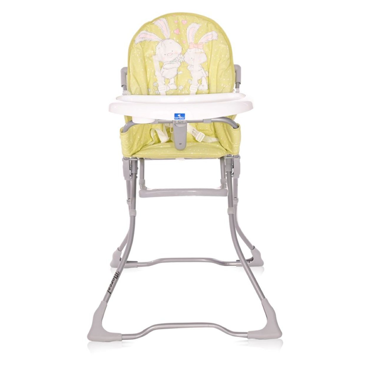 Grüner Babyhochstuhl mit Hasendesign auf der Rückenlehne, weißem Tablett und grauen Beinen.