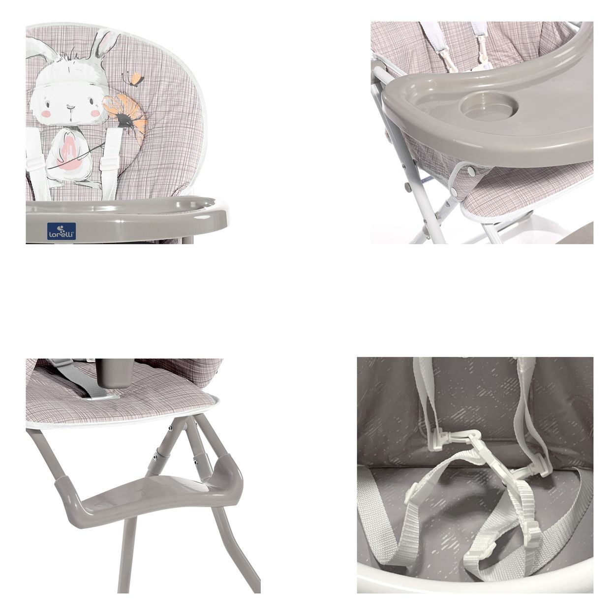 Silla alta con diseño de conejito. Asiento, bandeja y marco grises. Silla de bebé.