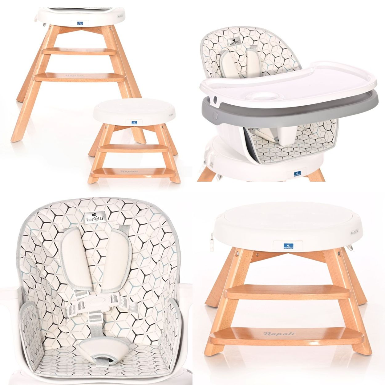 Mehrere Babyhochstühle und ein Hocker. Sie sind aus Holz mit weißen Sitzen.