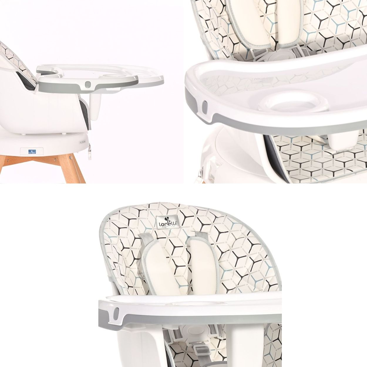 Trona con bandeja y asiento estampado, acabado blanco y madera.