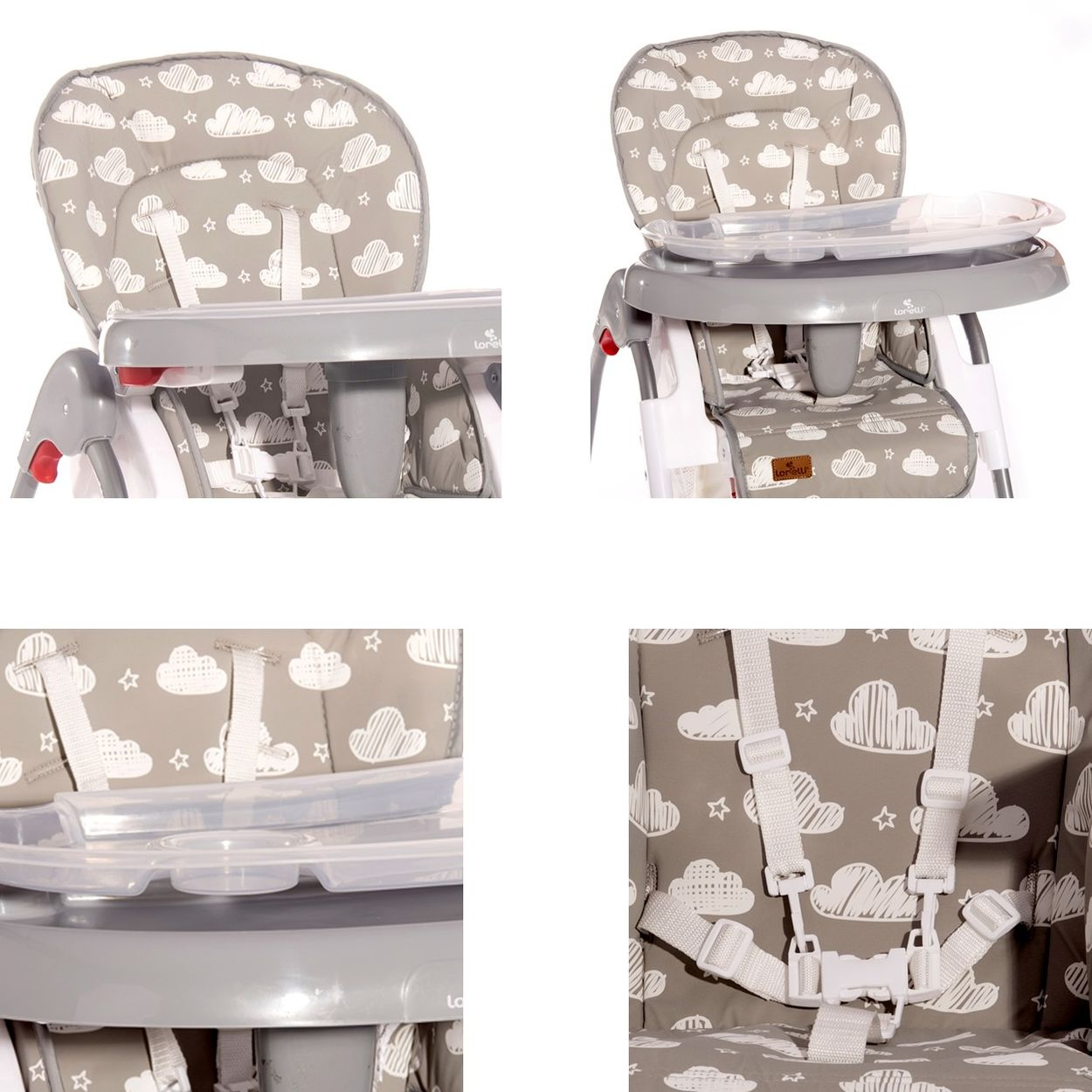 Babyhochstuhl-Set mit grauem Sitz mit Wolkenmuster und Tablett.