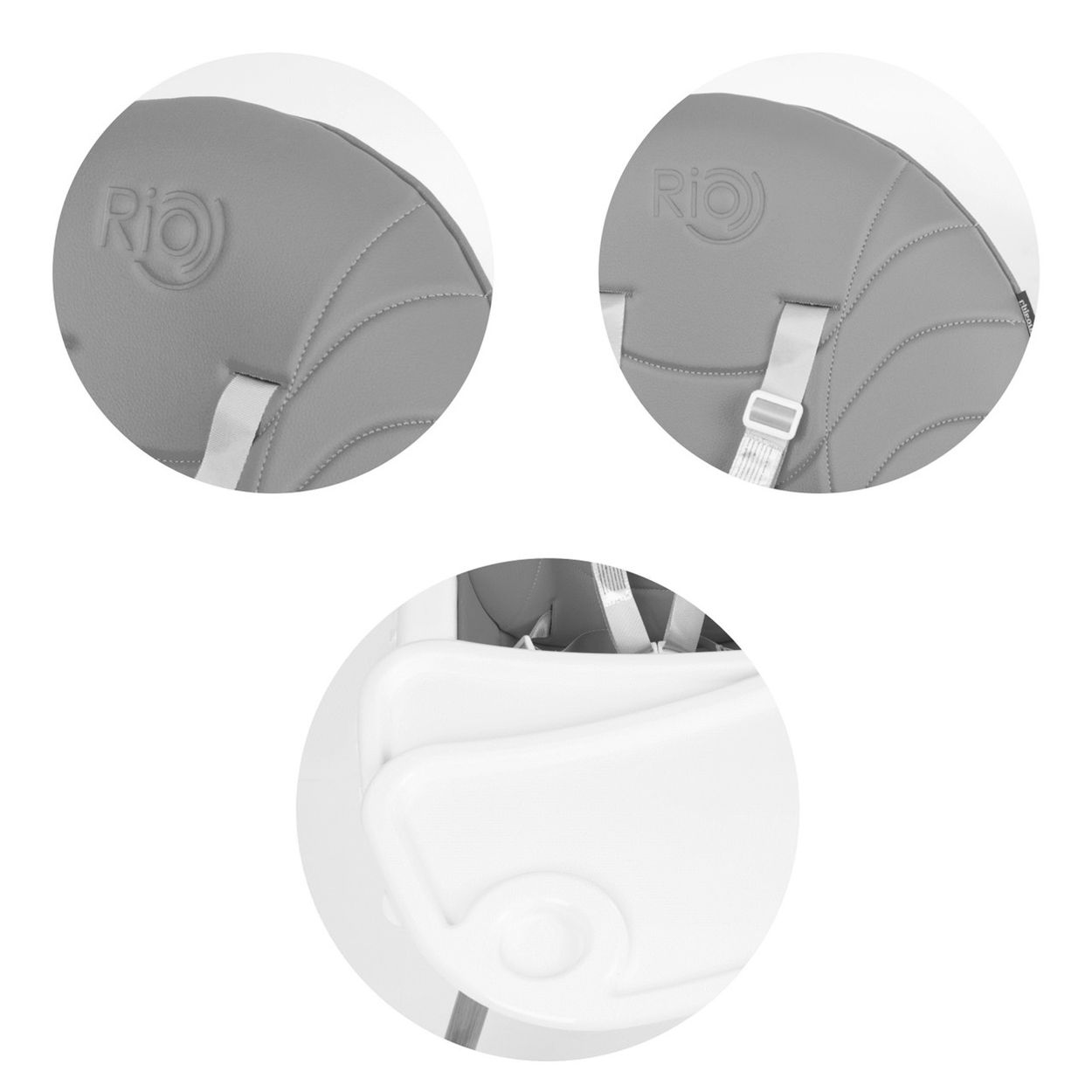 Nahaufnahme von grauen Baby-Stuhl-Teilen: Kopfstütze mit Logo, Sitz mit Gurten und eine weiße Tablettbasis.
