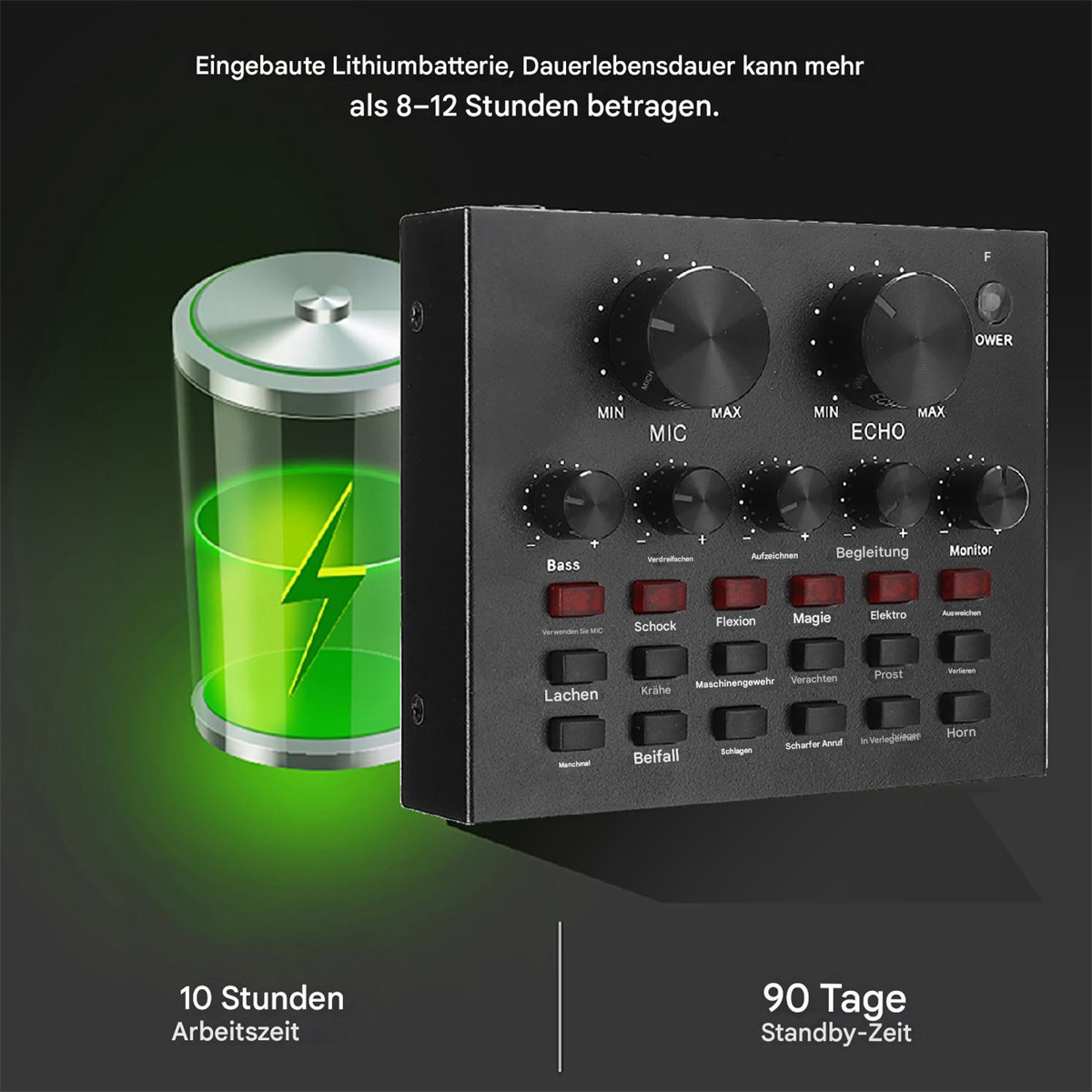 Ein schwarzer Audiomixer mit Knöpfen und Tasten. Eine Batterie zeigt eine grüne Ladung an, und der Text zeigt 10 Stunden Nutzung an.