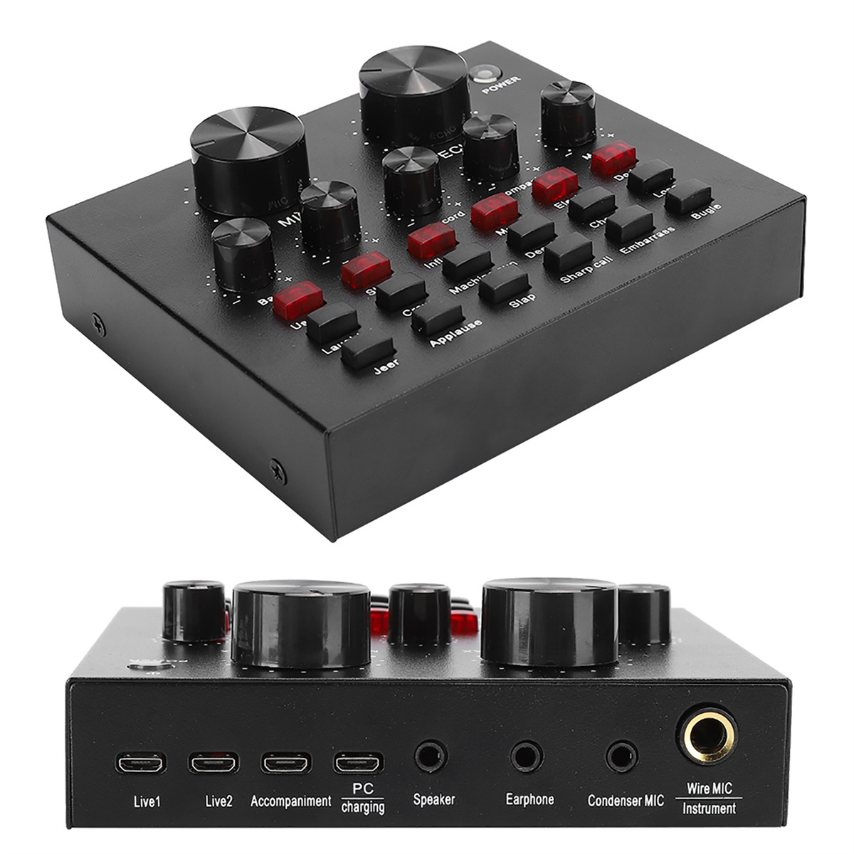 Schwarzer Audio-Mixer mit mehreren Knöpfen, Tasten und Eingängen. Nahaufnahme, mit Strom- und Mikrofonanschlüssen.