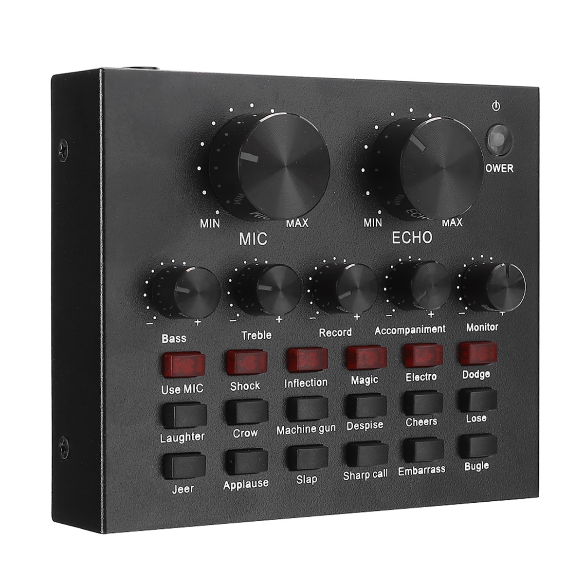 Schwarzer Audiomixer mit Knöpfen und Reglern. Beschriftet mit MIC, ECHO, BASS, TREBLE usw.