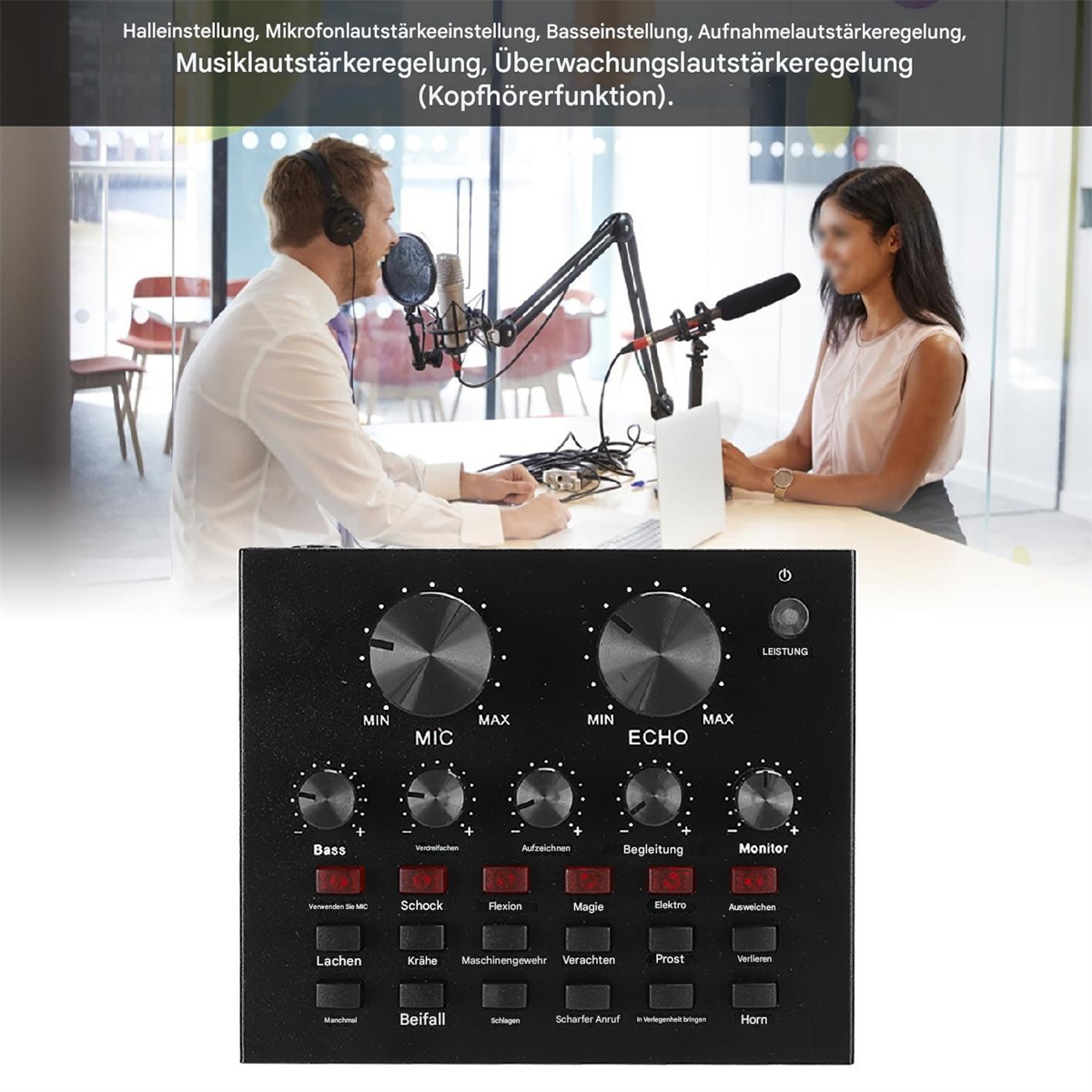 Audiomischpult mit Reglern und Knöpfen, zwei Personen mit Mikrofonen.