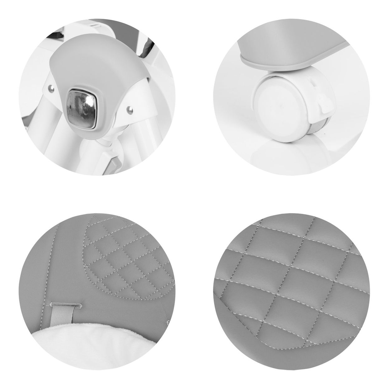 Nahaufnahmen einer Babyschaukel. Details beinhalten graue Polsterung, Räder und metallische Akzente.