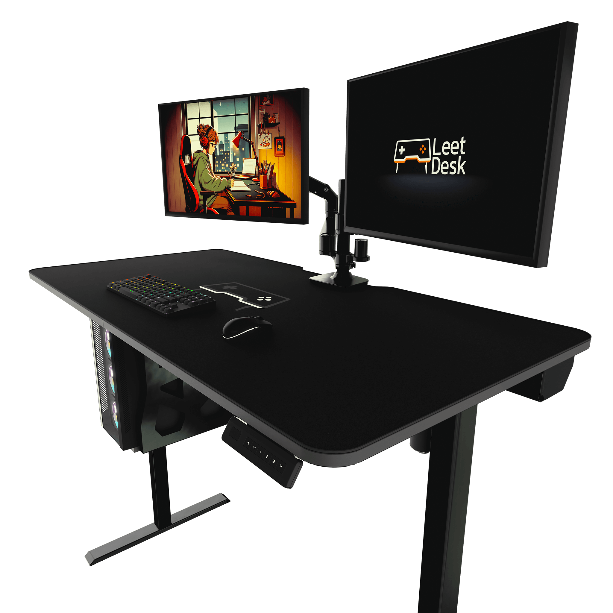 Ein schwarzer Gaming-Schreibtisch mit zwei Monitoren, Tastatur und PC-Gehäuse, vor schwarzem Hintergrund.
