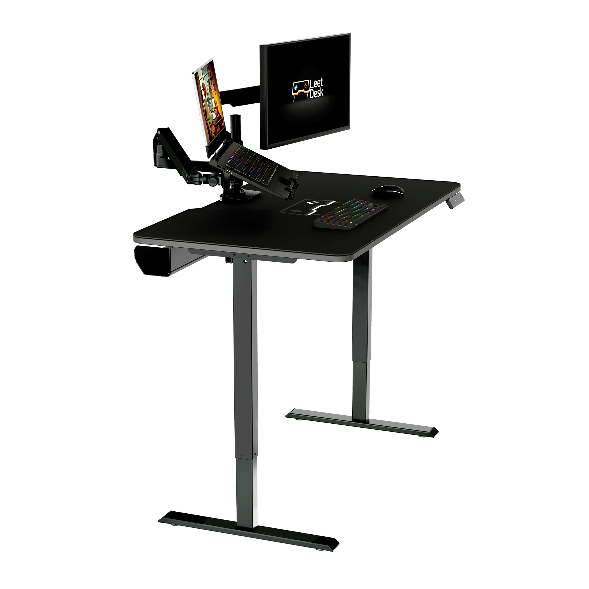 Ein schwarzer Stehtisch mit einem Laptop und Monitor darauf. Es ist auf schwarzem Grund.