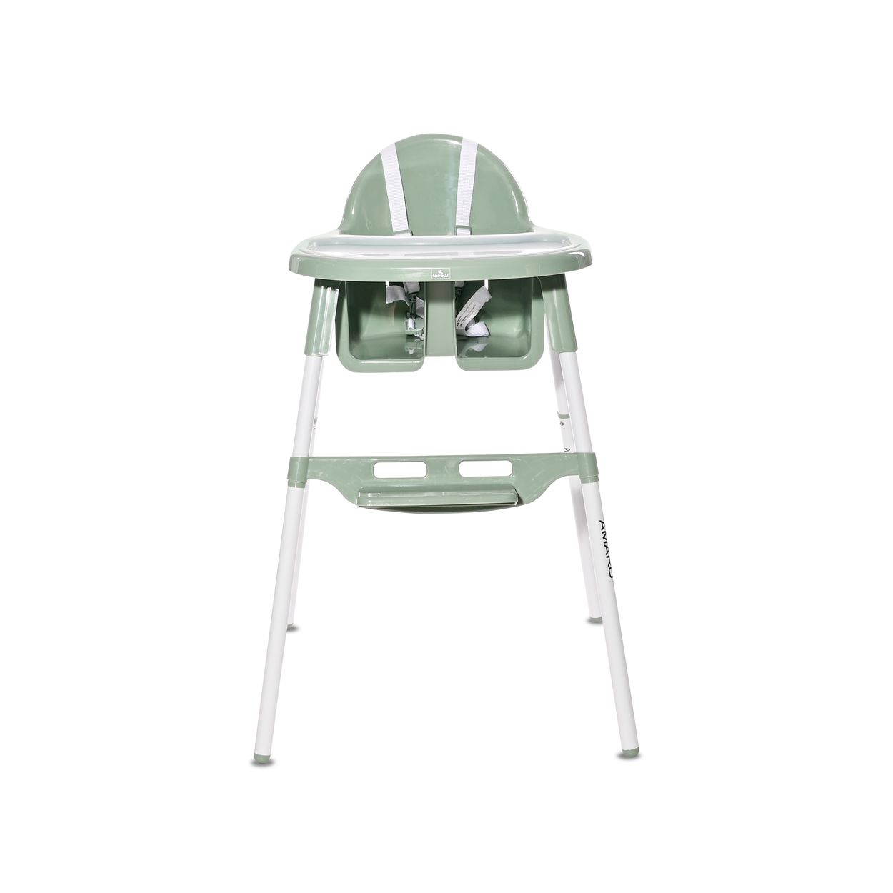 Silla alta para bebé verde y blanca sobre fondo blanco, vista frontal.