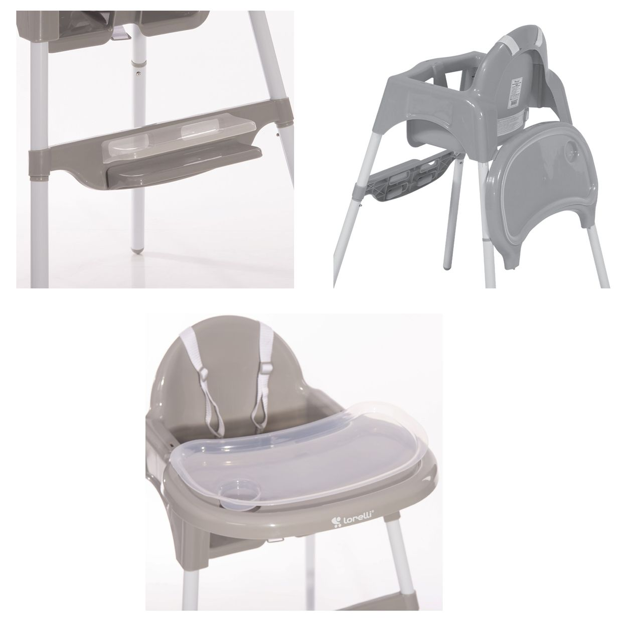 Grauer Baby-Hochstuhl mit Tablett, Sitz und Beinen, einschließlich Tablettdetail. Weißer Hintergrund.