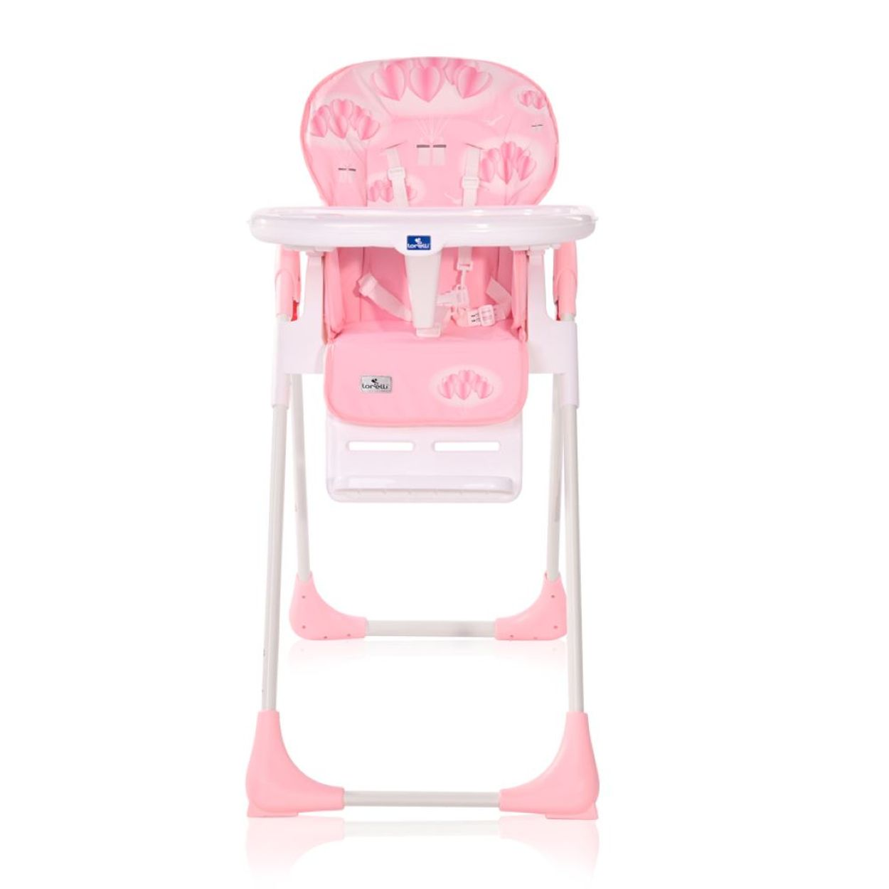 Rosa Baby-Hochstuhl auf weißem Hintergrund.