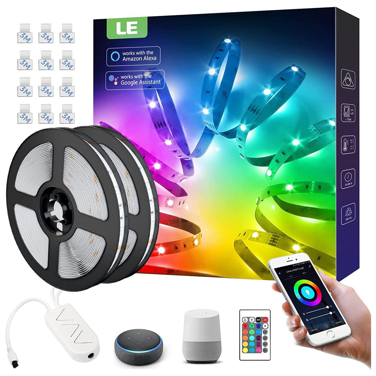 LED-Lichtleisten-Kit mit Zubehör, Telefon und Smart-Home-Geräten auf weißem Hintergrund.
