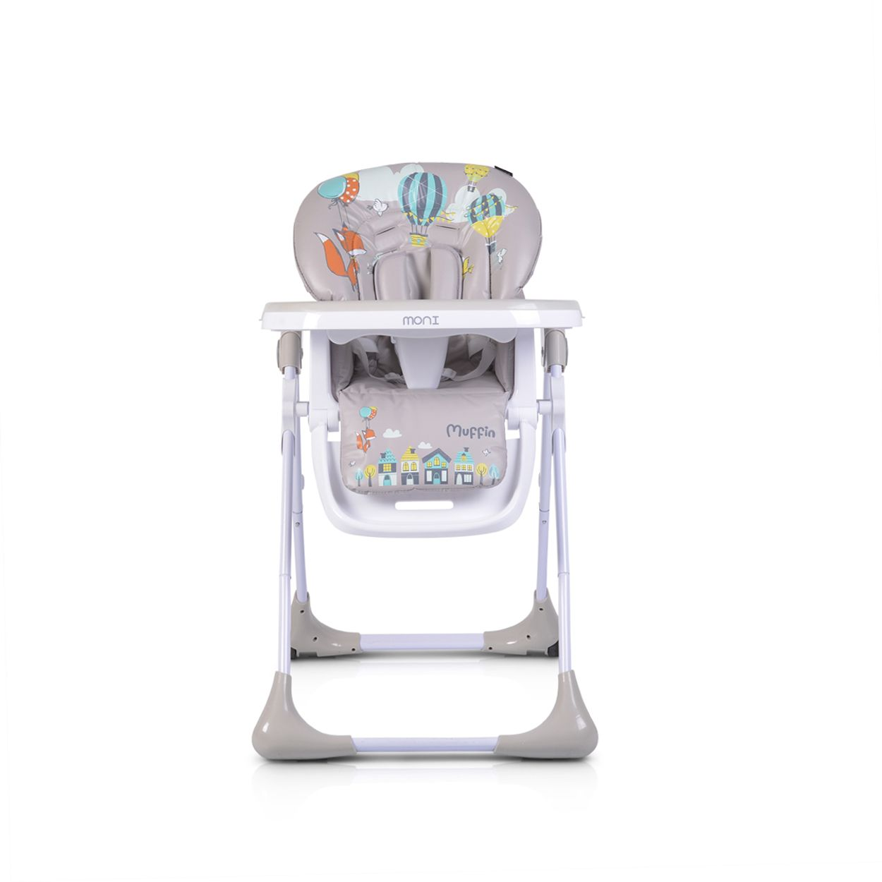 Babyhochstuhl mit grauem und weißem Design auf weißem Hintergrund.