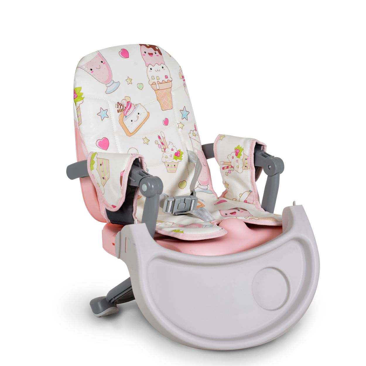 Ein Baby-Stuhl mit grauem Tablett und weiß-rosa Sitz, Dessertmuster.