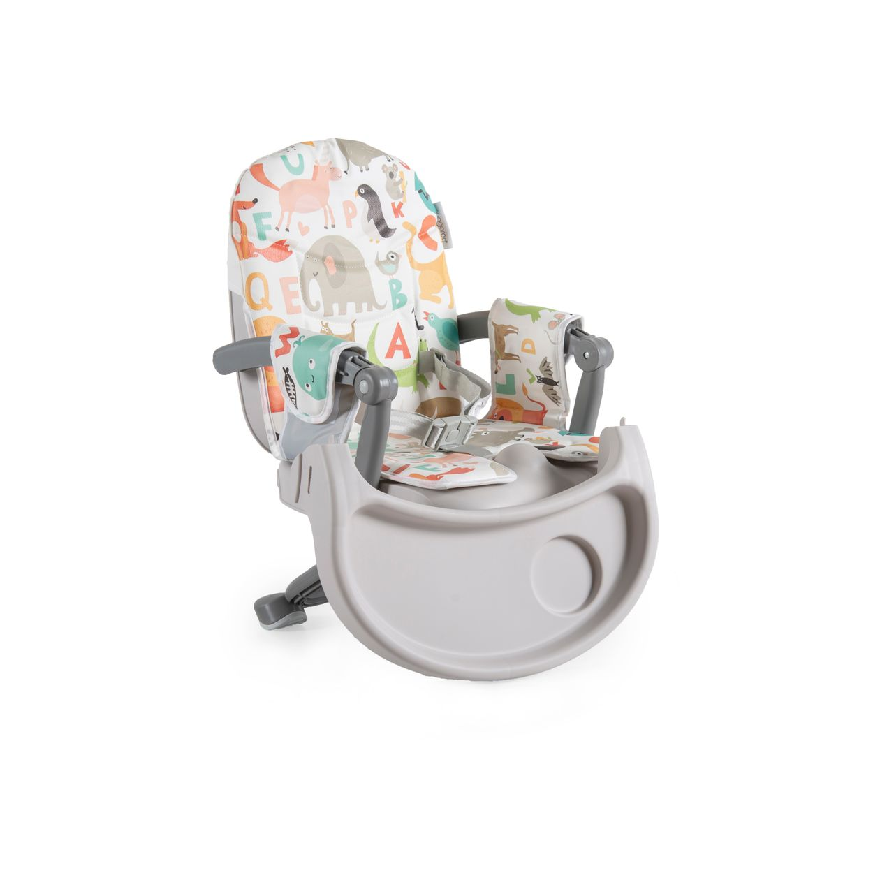 Babyhochstuhl mit Tablett und bunten Tiermustern.