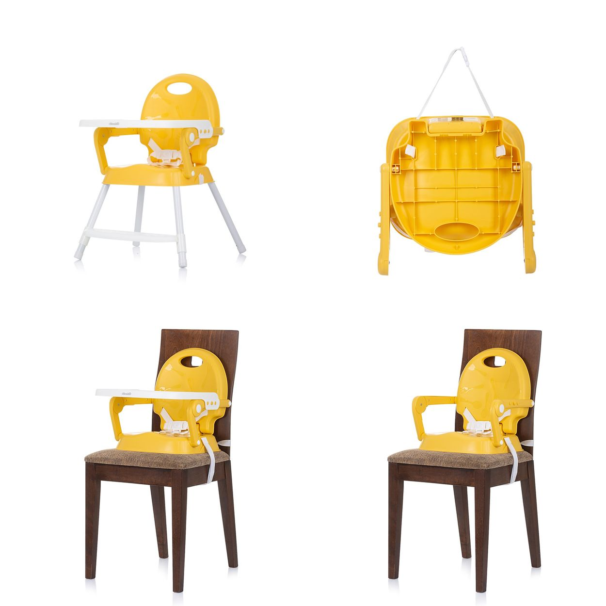 Vier Bilder eines gelben Babyhochstuhls. Er kann als Hochstuhl oder an einem normalen Stuhl befestigt werden.