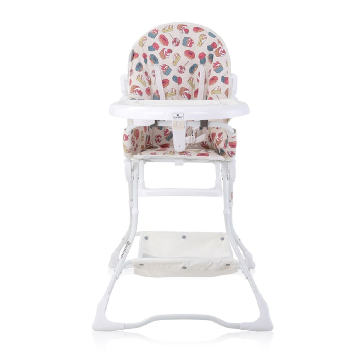 Una trona con asiento y bandeja estampados. La silla es blanca con base color crema.