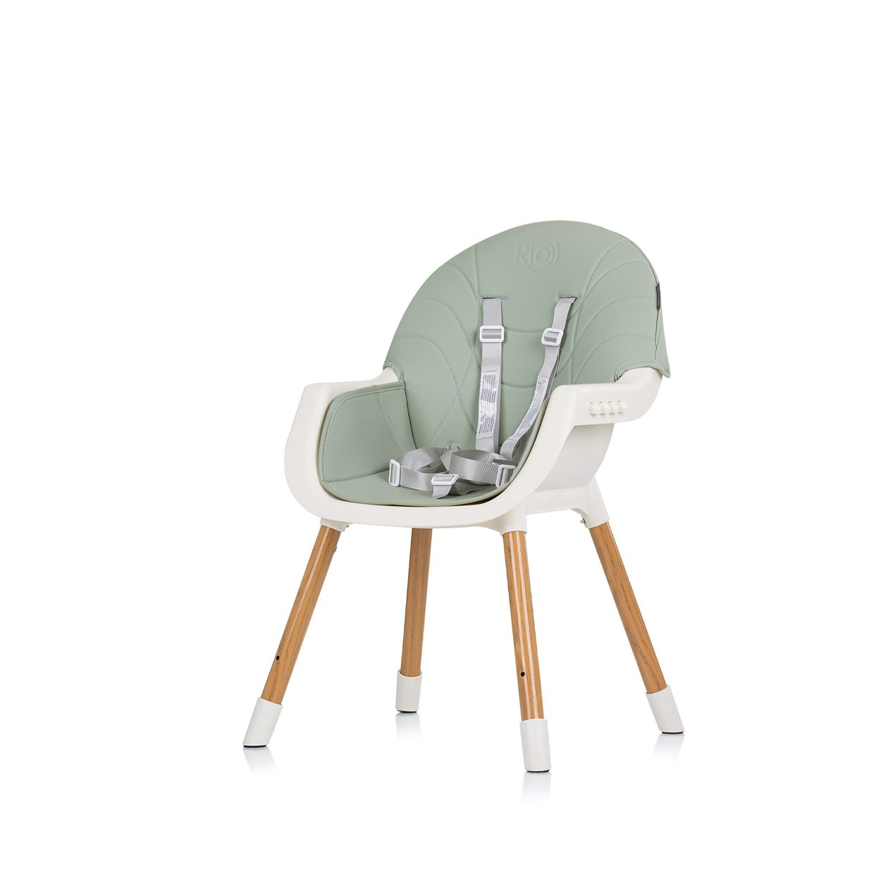 Ein moderner Baby-Stuhl mit Holzbeinen, weißem Sockel und mintgrünem Sitz.