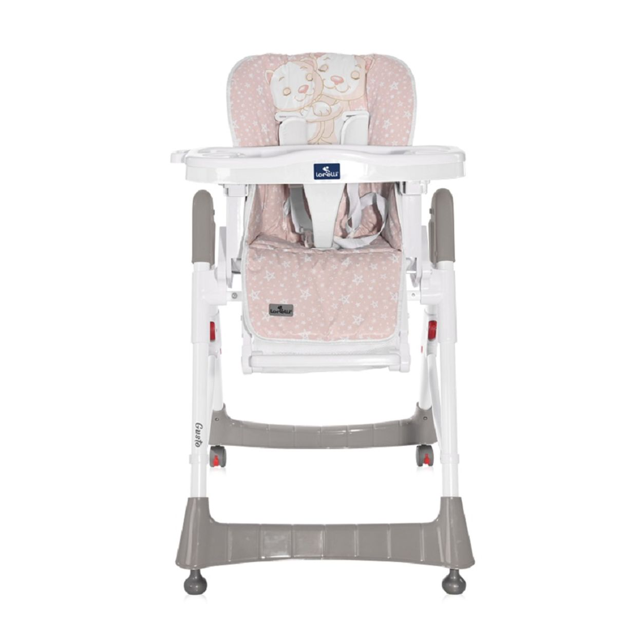 Ein Babyhochstuhl mit einem rosa gemusterten Sitz und Tablett, auf einem weißen und grauen Rahmen.