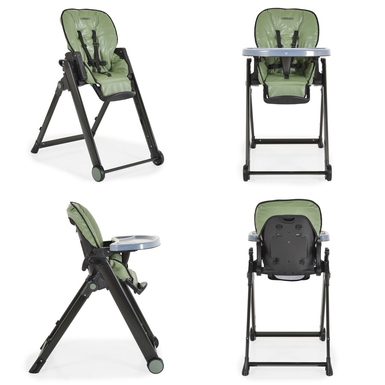 Vier Ansichten eines grünen Babyhochstuhls mit Tablett und Sicherheitsgurten.