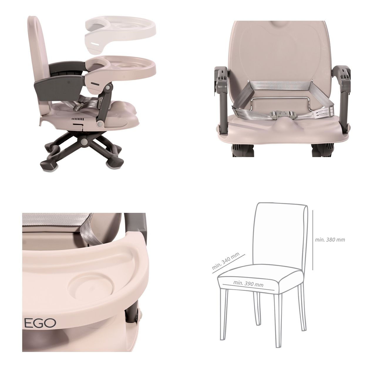 Vier Ansichten eines Babyhochstuhls, beige und graue Farben, weißer Hintergrund. Verschiedene Winkel.