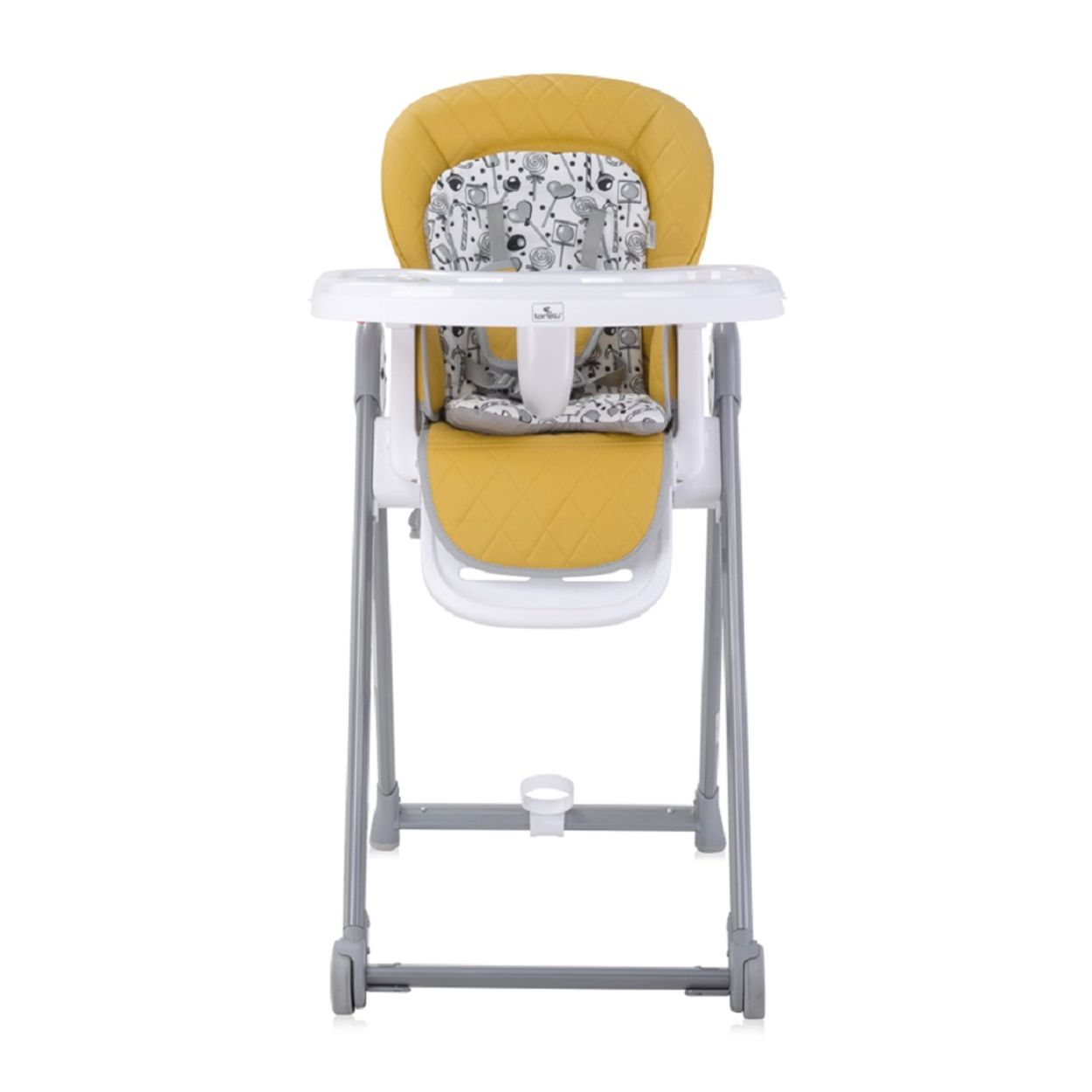 Ein gelber Babyhochstuhl mit weißem Tablett und grauem Gestell.