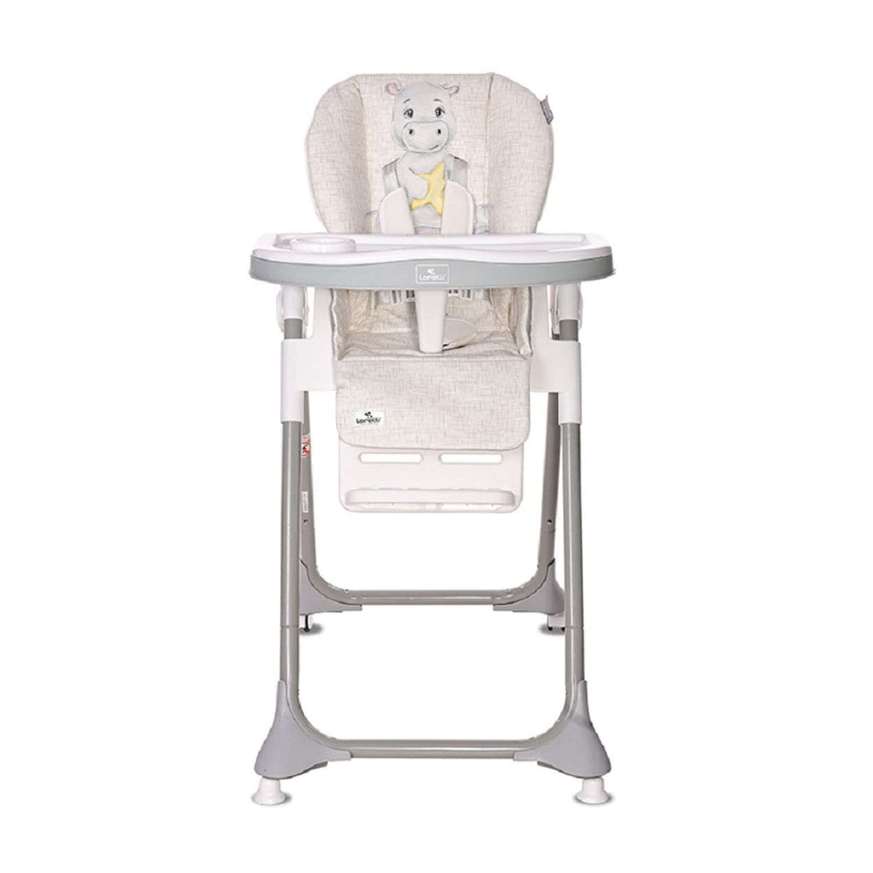 Una trona para bebé con estructura gris y diseño de hipopótamo en el asiento, sobre fondo blanco.