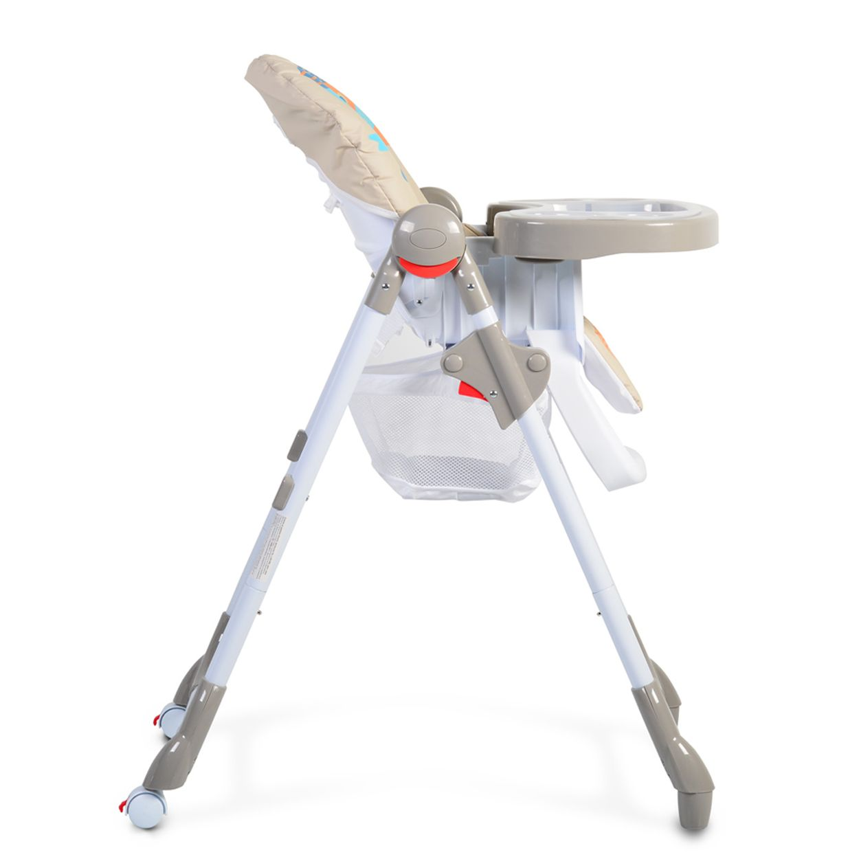 Ein Baby-Hochstuhl, Seitenansicht, beige und weiß, mit Tablett und Korb.