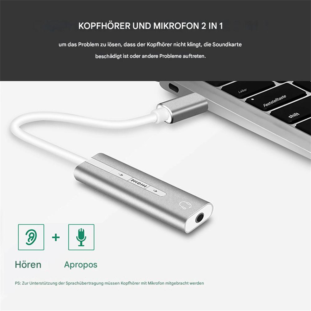 USB-C-auf-Audio-Adapter an Laptop angeschlossen, mit Hör- und Mikrofon-Symbolen.