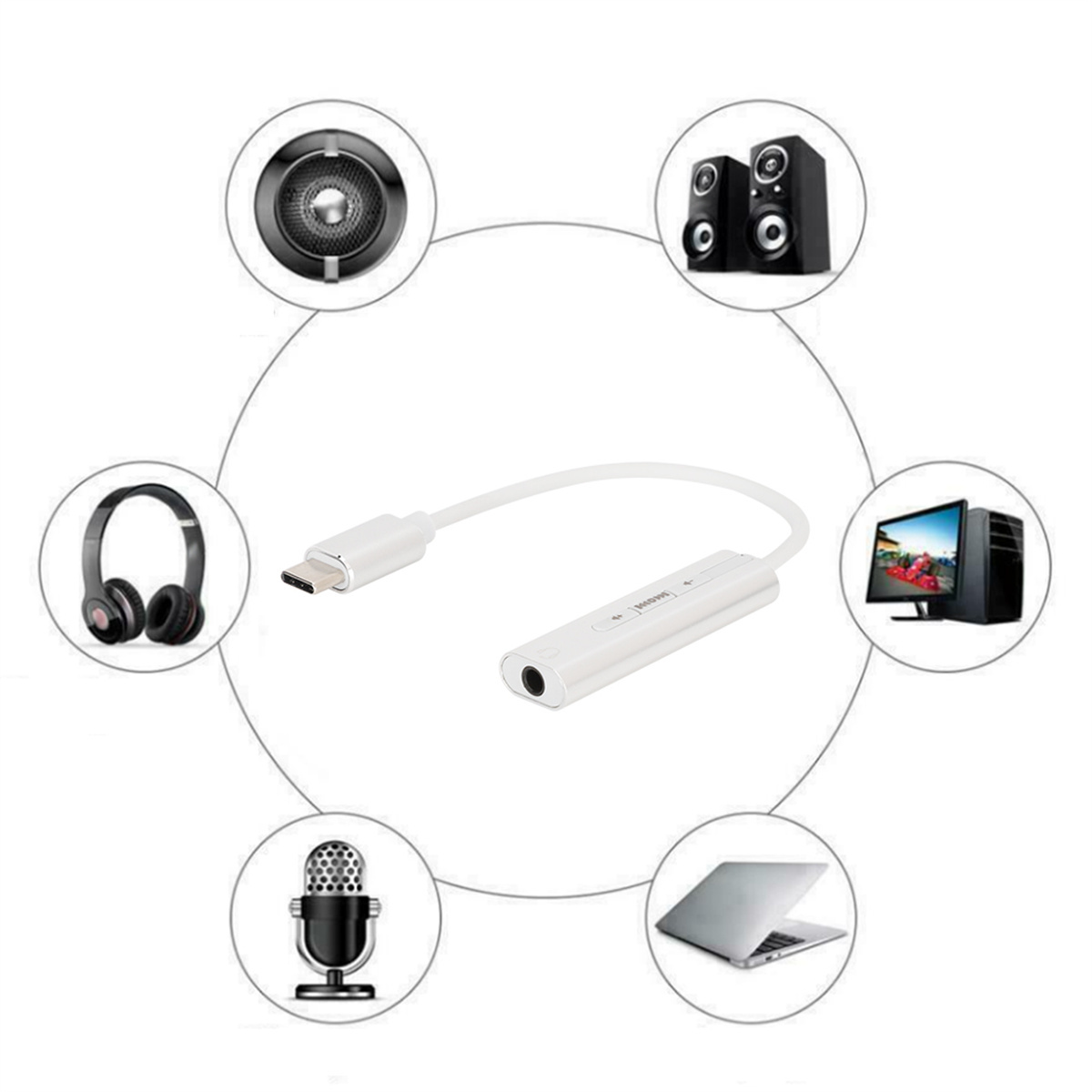 Ein USB-C-zu-Audio-Adapter mit Kopfhörern, Lautsprechern und anderen Geräten drumherum.