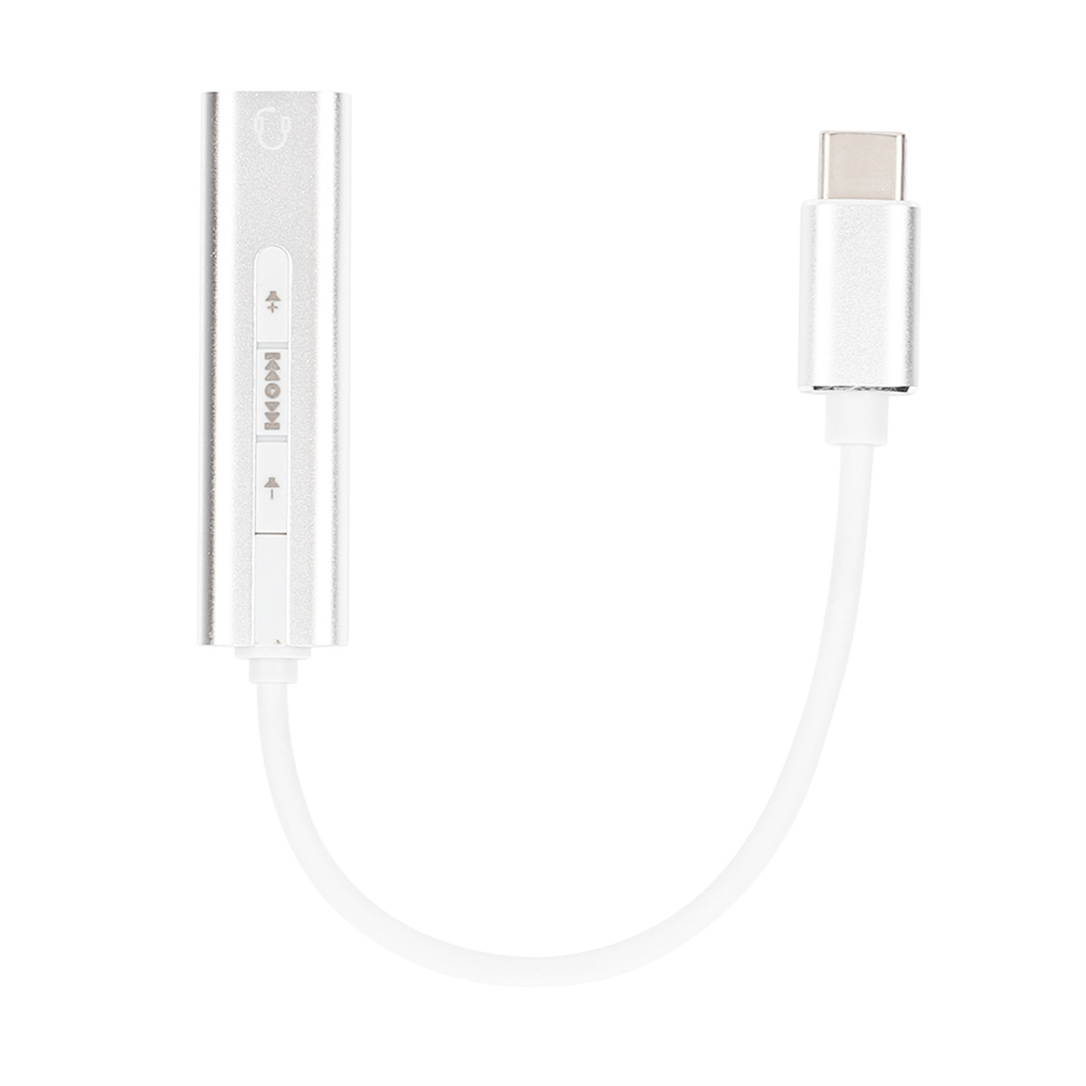 Silberner Audioadapter mit USB-C und weißem Kabel vor weißem Hintergrund.