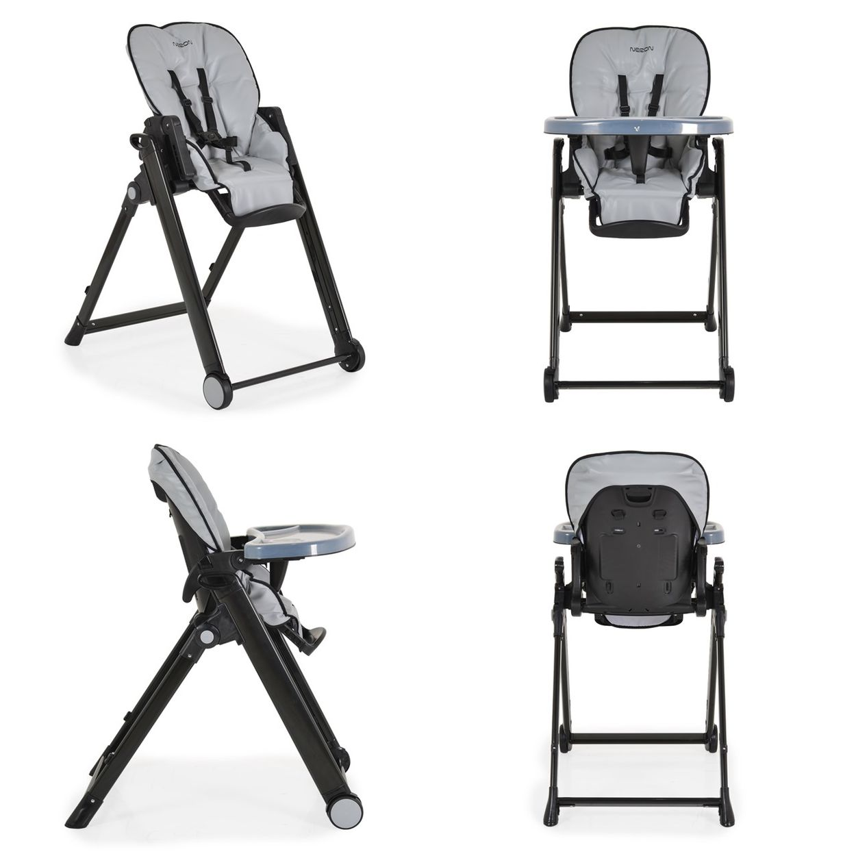 Vier Ansichten eines grau-schwarzen Hochstuhls für Babys, mit Tablett und Rädern.