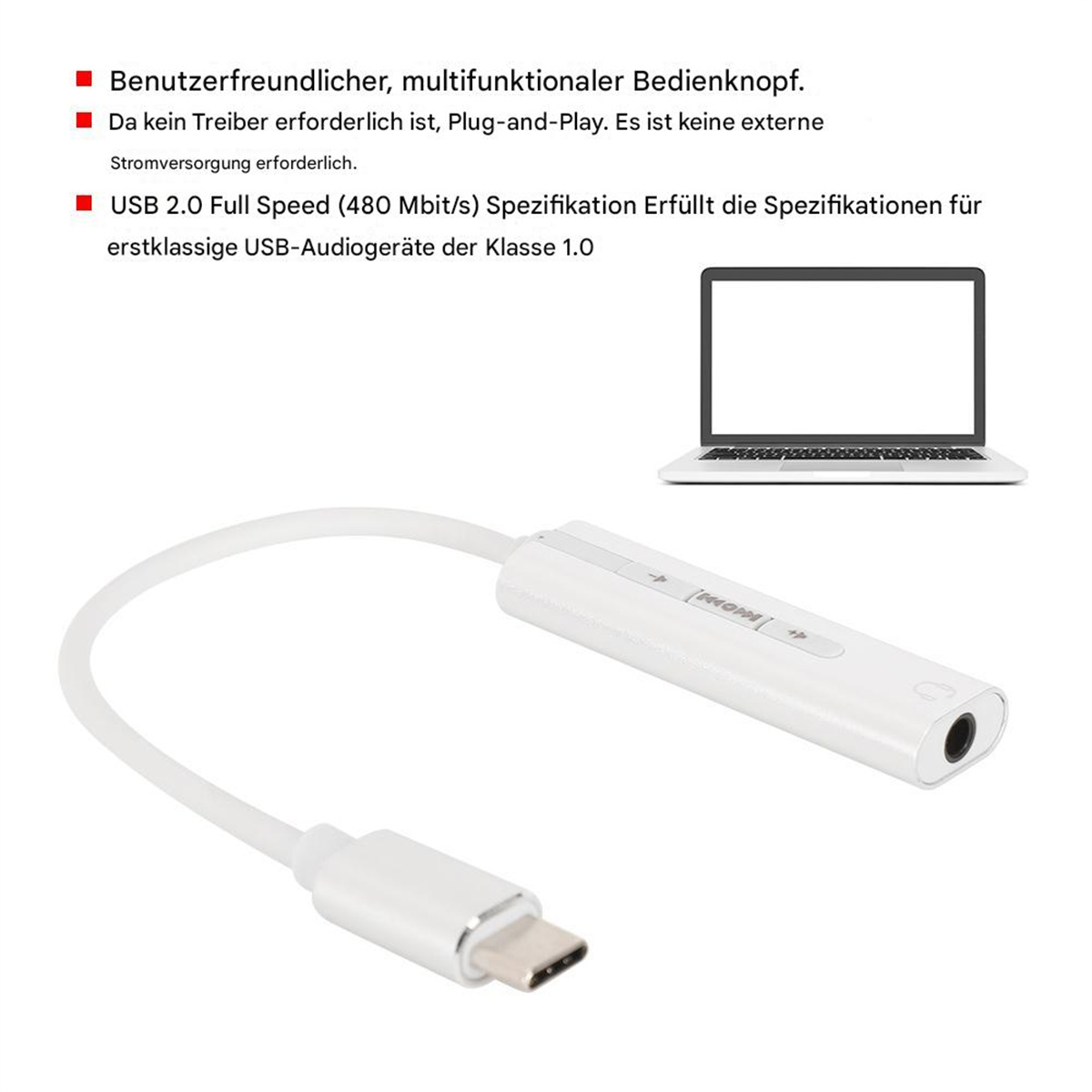 Weißes Adapterkabel, das mit einem Laptop und einem USB-C-Anschluss verbunden ist, weißer Hintergrund.