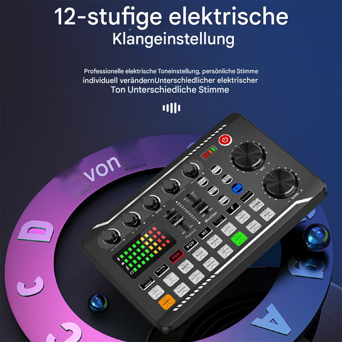 Soundkarte mit Knöpfen und Bildschirm, Text auf Chinesisch. Bunter kreisförmiger Hintergrund.