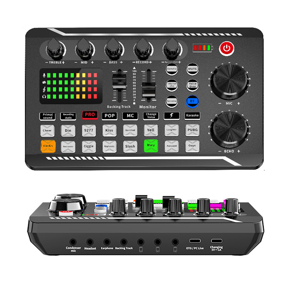 Schwarzer Audiomixer mit Knöpfen, Tasten und Display. Unten Eingänge und Ausgänge.