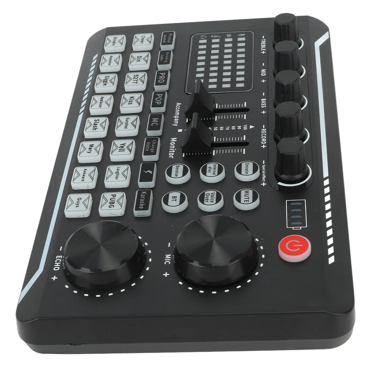 Schwarzer Audiomixer mit Knöpfen und Reglern. Verschiedene Knöpfe, Schieberegler und ein Power-Button.