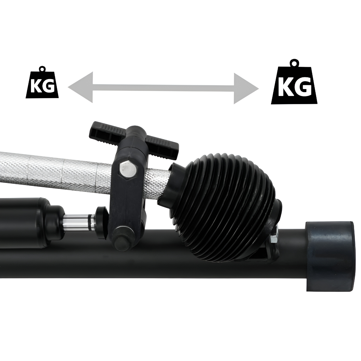 Ein schwarzes Fitnessgerät mit einer Stange und zwei Pfeilen mit der kg-Beschriftung.
