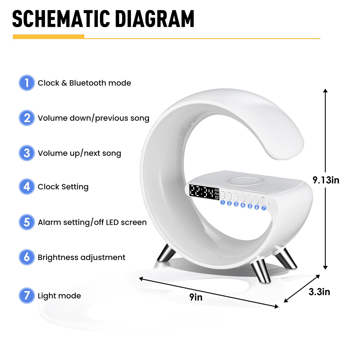 Eine weiße Lampe mit schematischer Darstellung ihrer Funktionen: Uhr, Bluetooth, Lautstärke, Alarm, Lichtmodus.