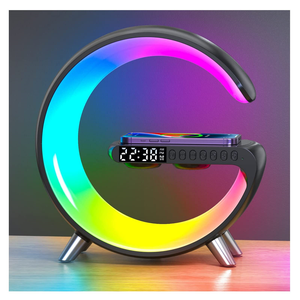 Eine G-förmige Lampe mit Regenbogenlichtern, einem Telefon oben und einer Digitaluhr. Sie hat Metallbeine.