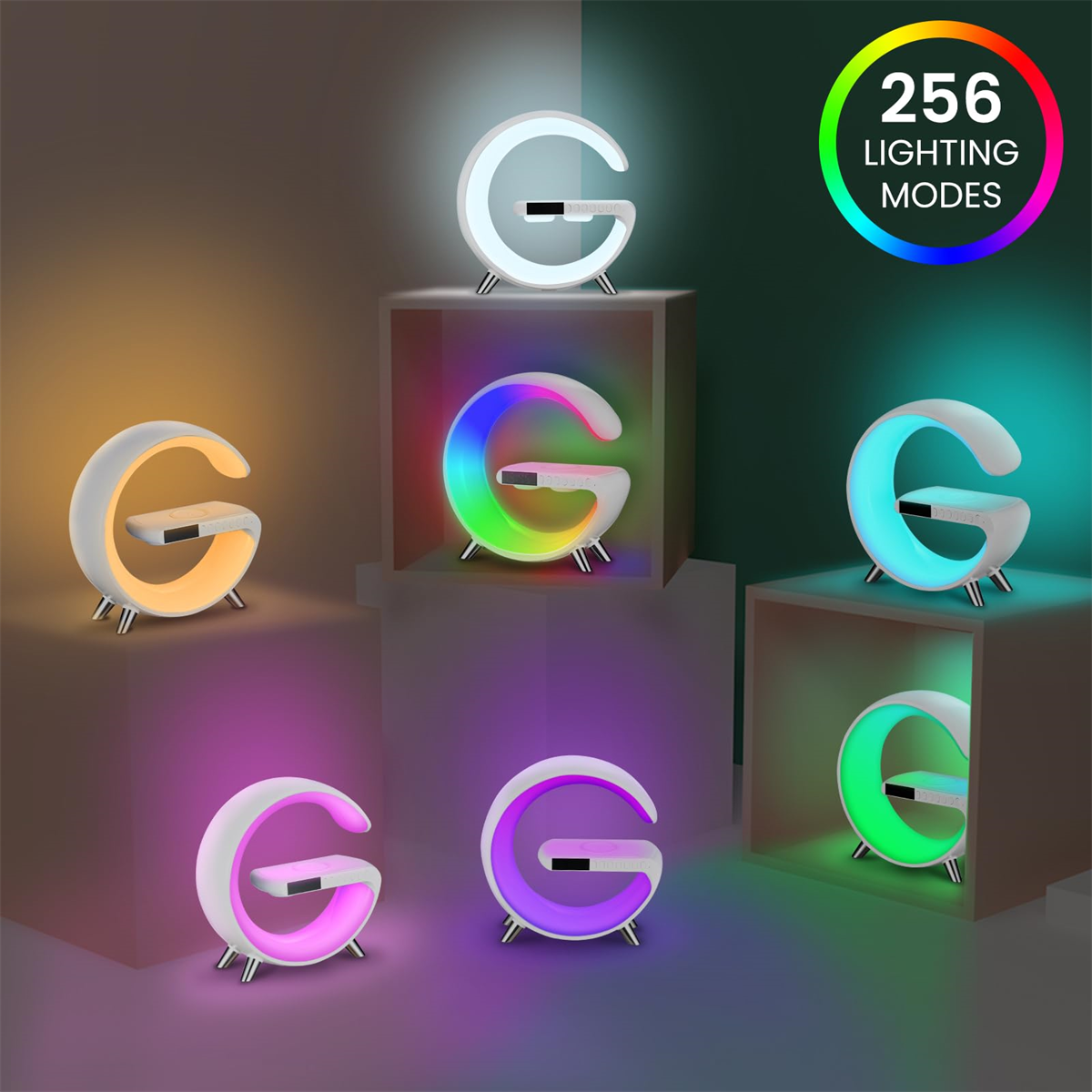 Sechs Lampen in verschiedenen Farben. Jede Lampe hat einen weißen Körper und eine 'G'-Form.