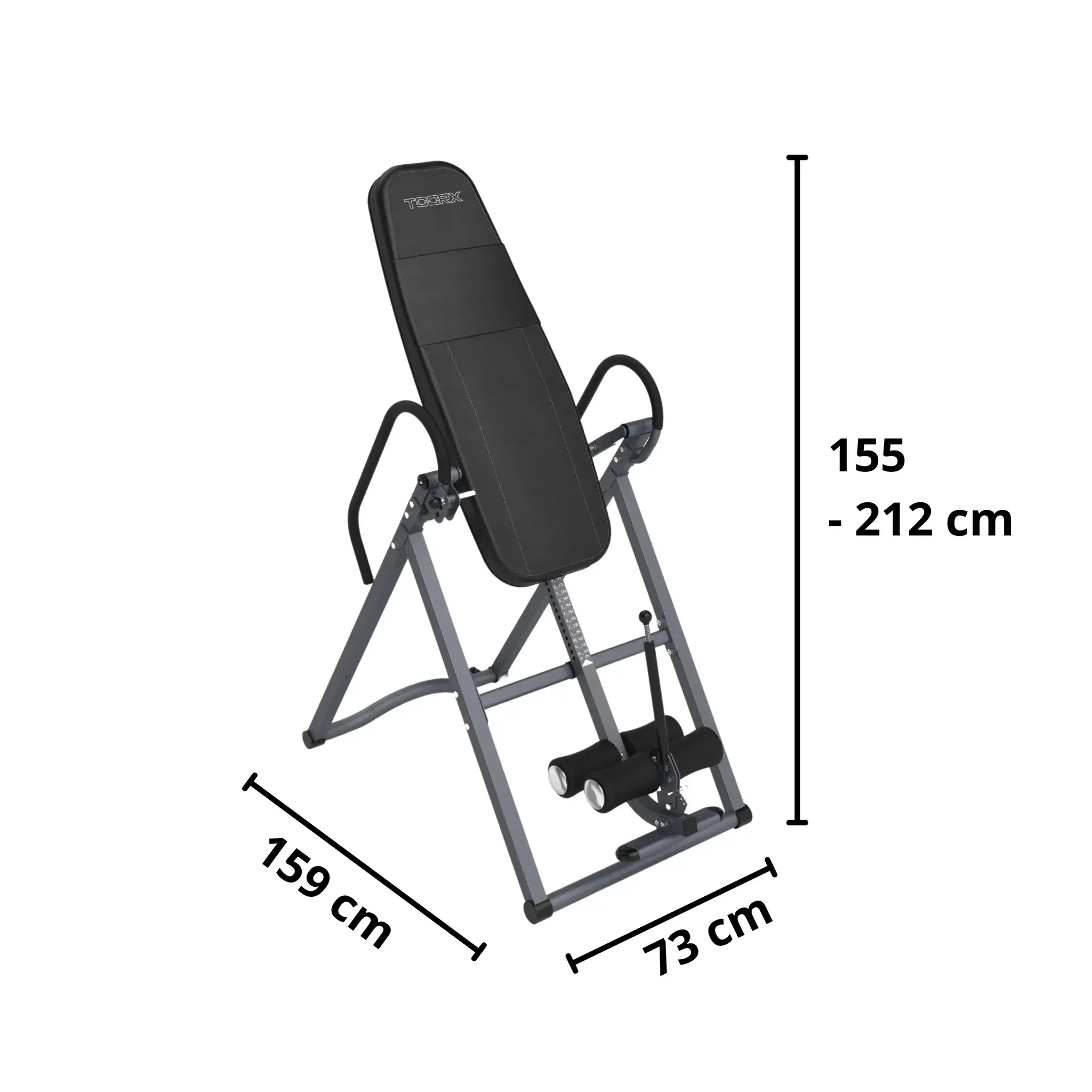 Inversion table. Black padded back and dimensions: 159cm x 73cm x 155-212cm.