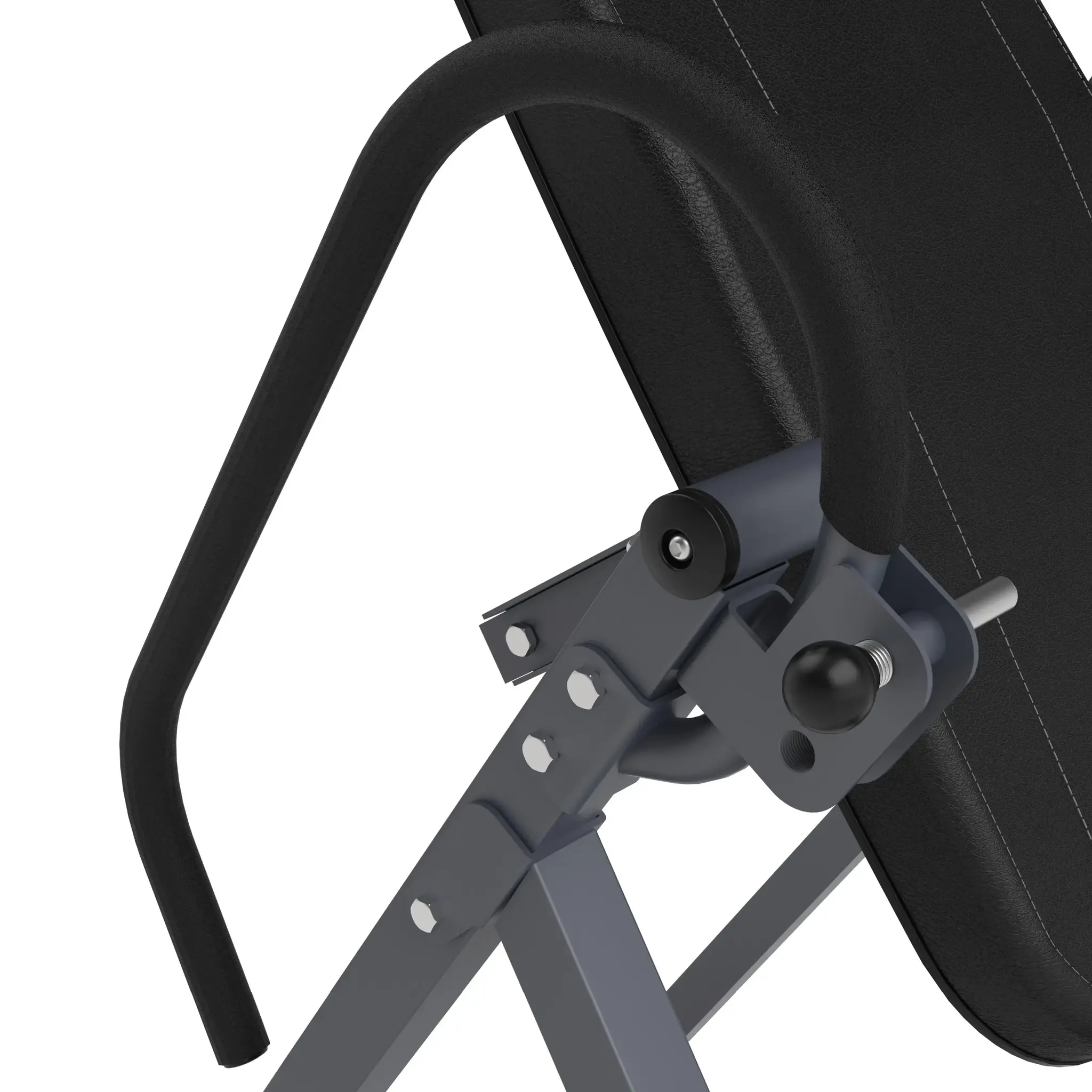 Close-up of an inversion table's frame. Black padded back support and a curved handle are visible.