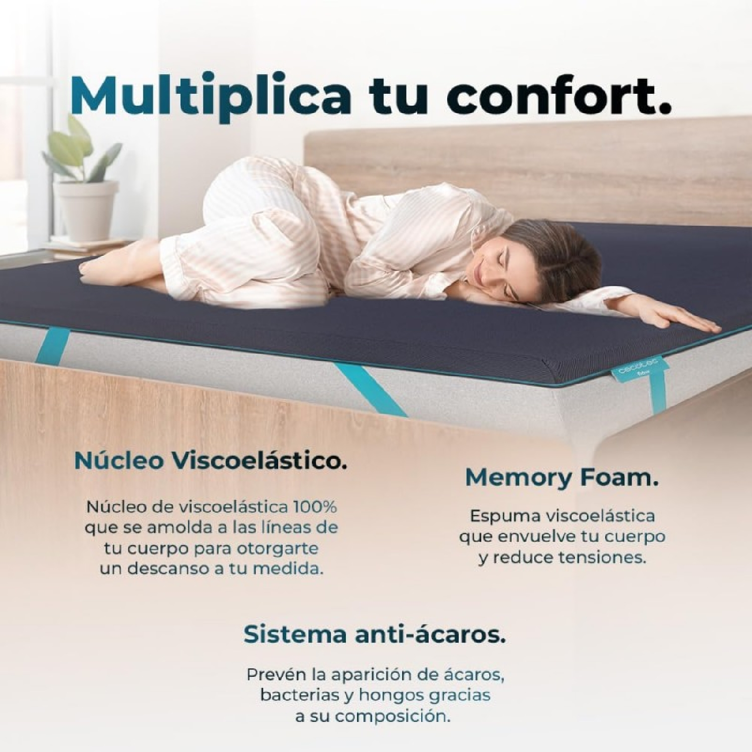 Mujer acostada en cama con sobrecolchón, texto sobre espuma viscoelástica y características antiácaros.