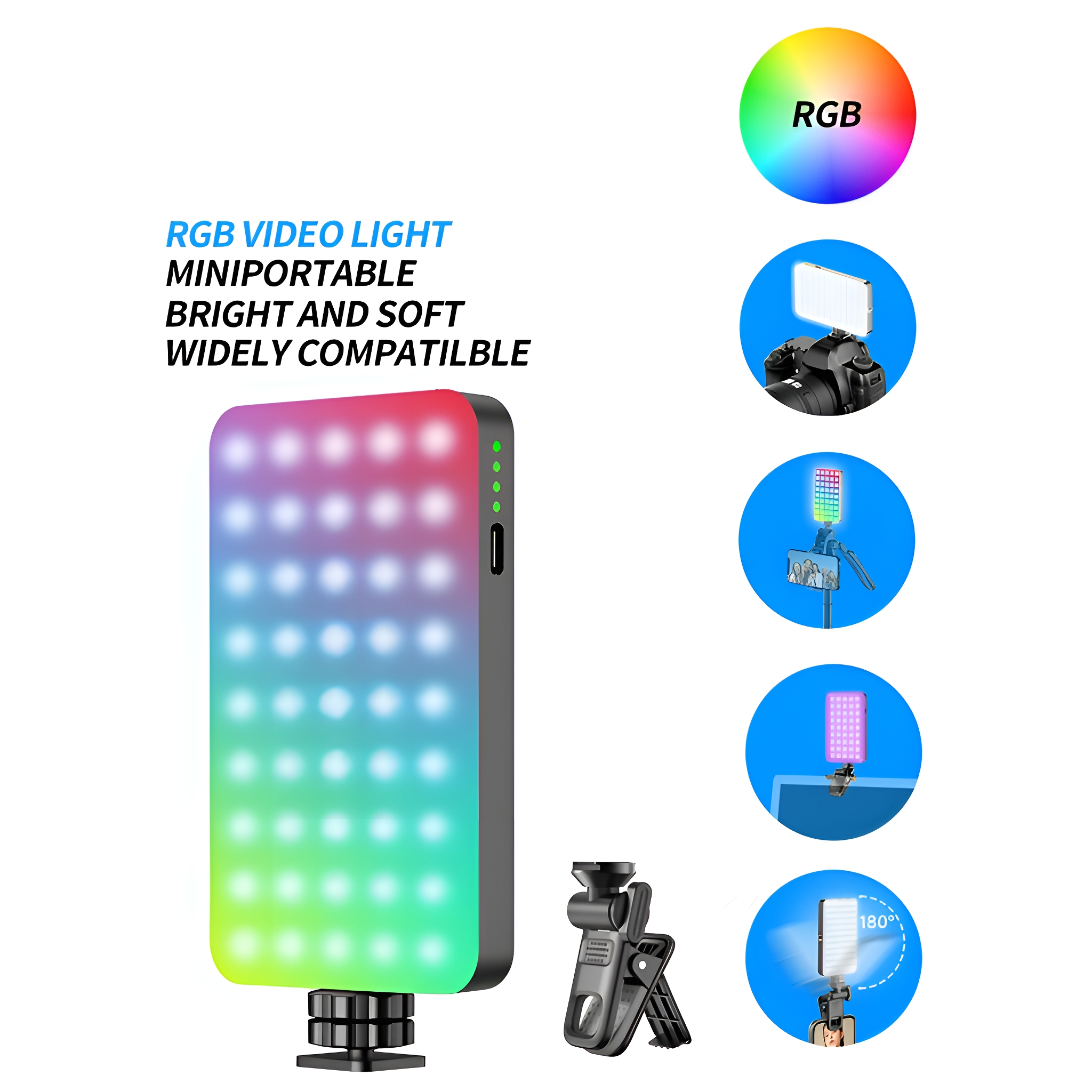 RGB-Videoleuchte mit mehreren Bildern, die ihre Verwendung zeigen. Das Licht ist mehrfarbig mit schwarzer Basis.