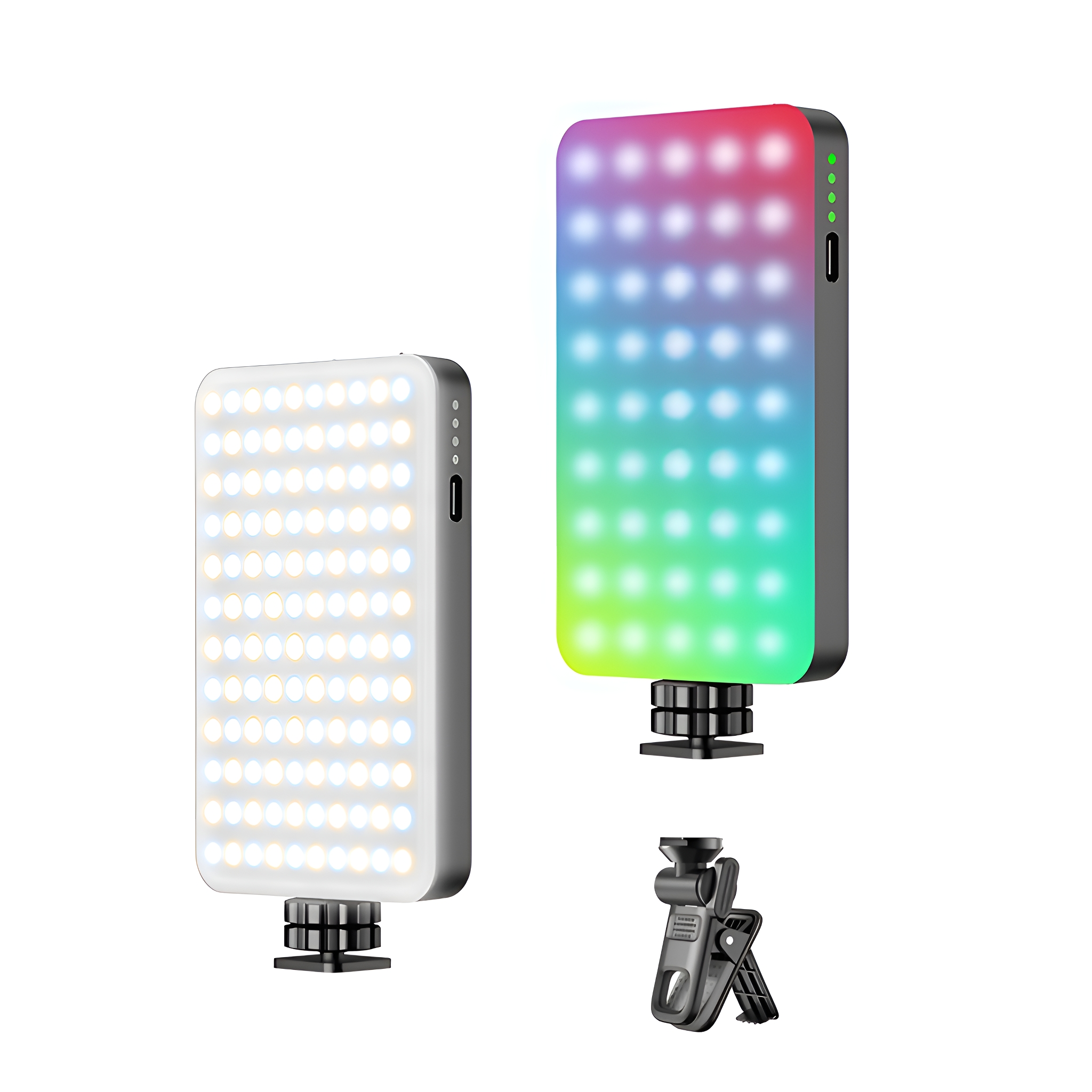 Zwei LED-Videoleuchten, eine weiß, eine mehrfarbig, und ein Montageclip.