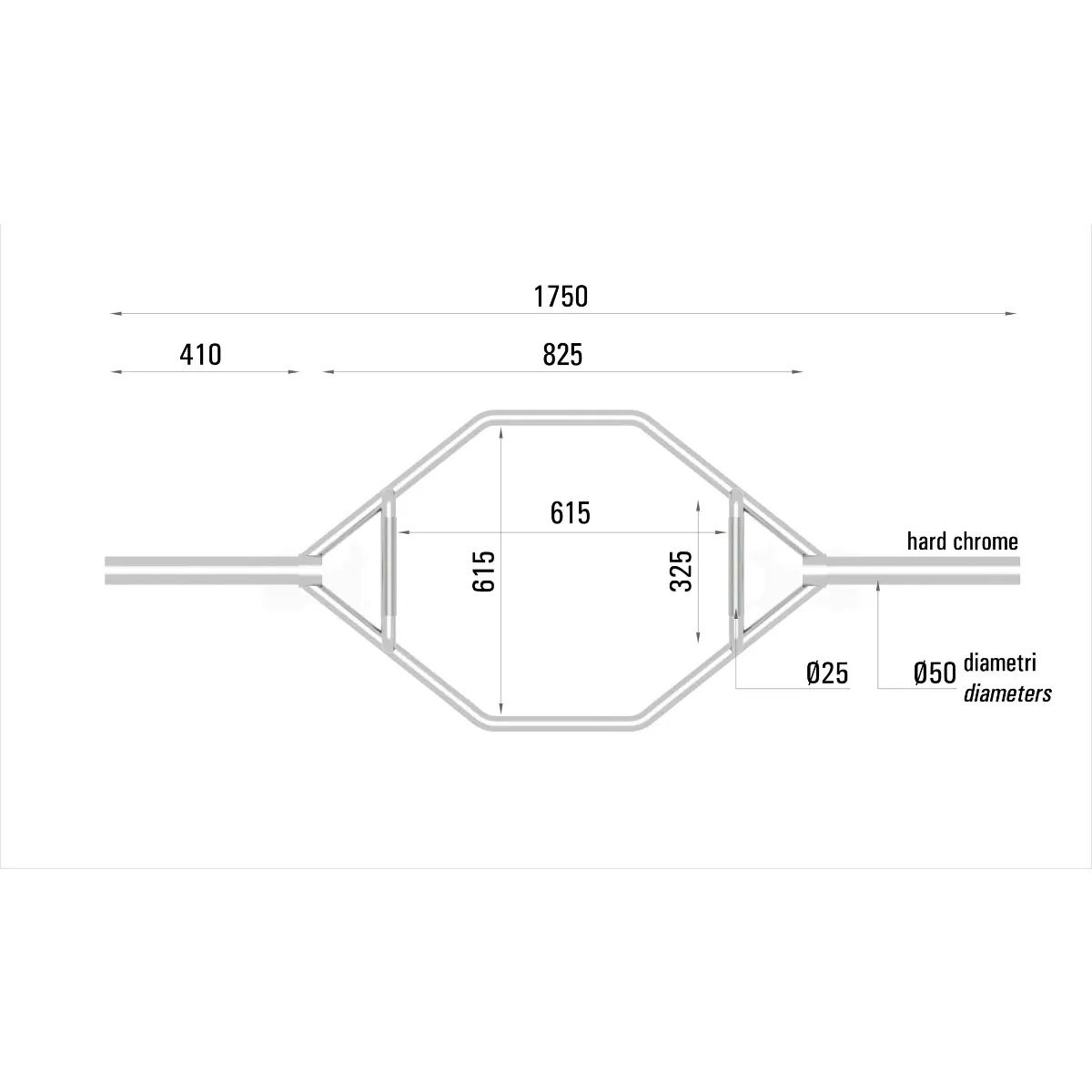 Diagramm einer Hex-Stange mit Messungen und Abmessungen beschriftet.
