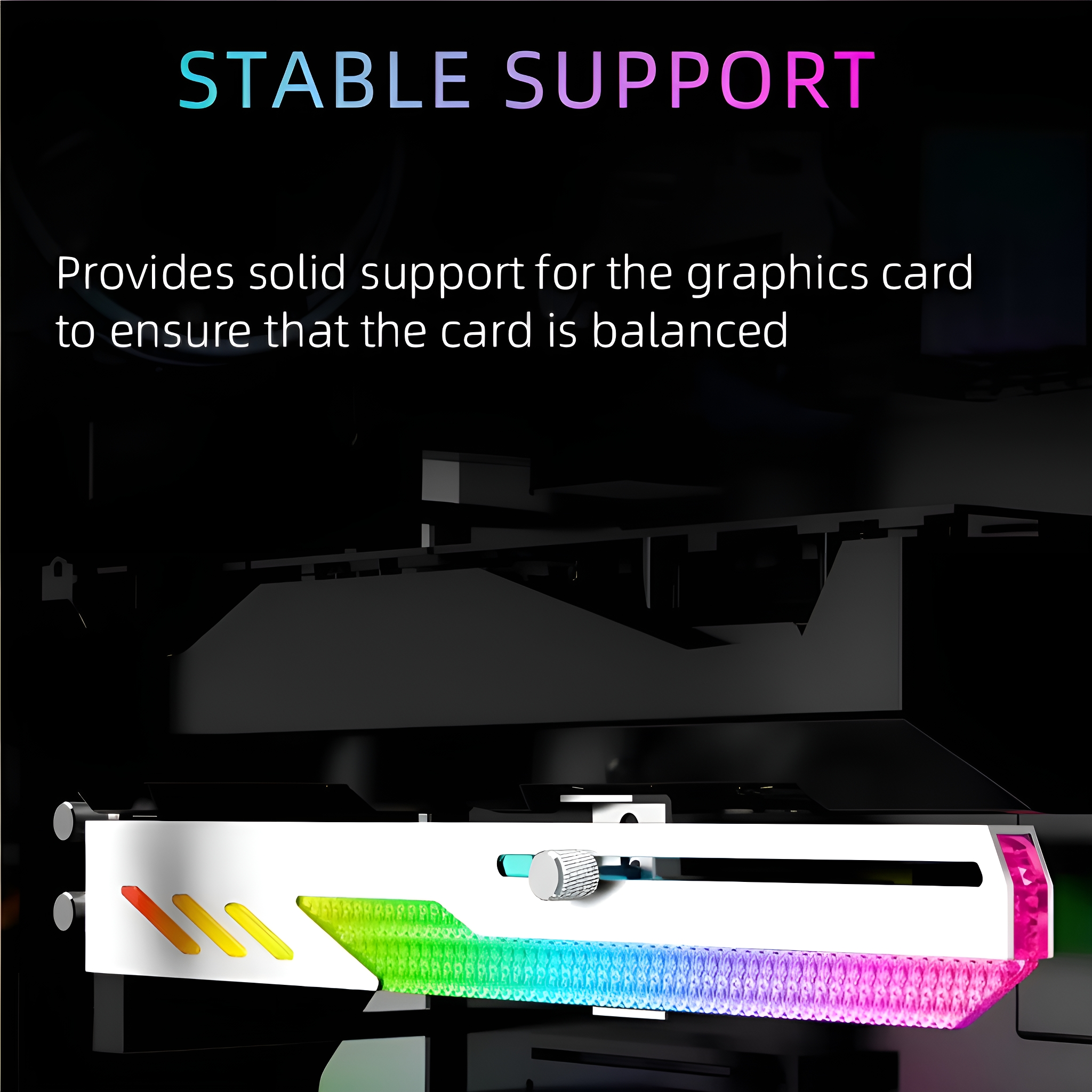Grafikkartenhalterung mit farbenfroher RGB-Beleuchtung.